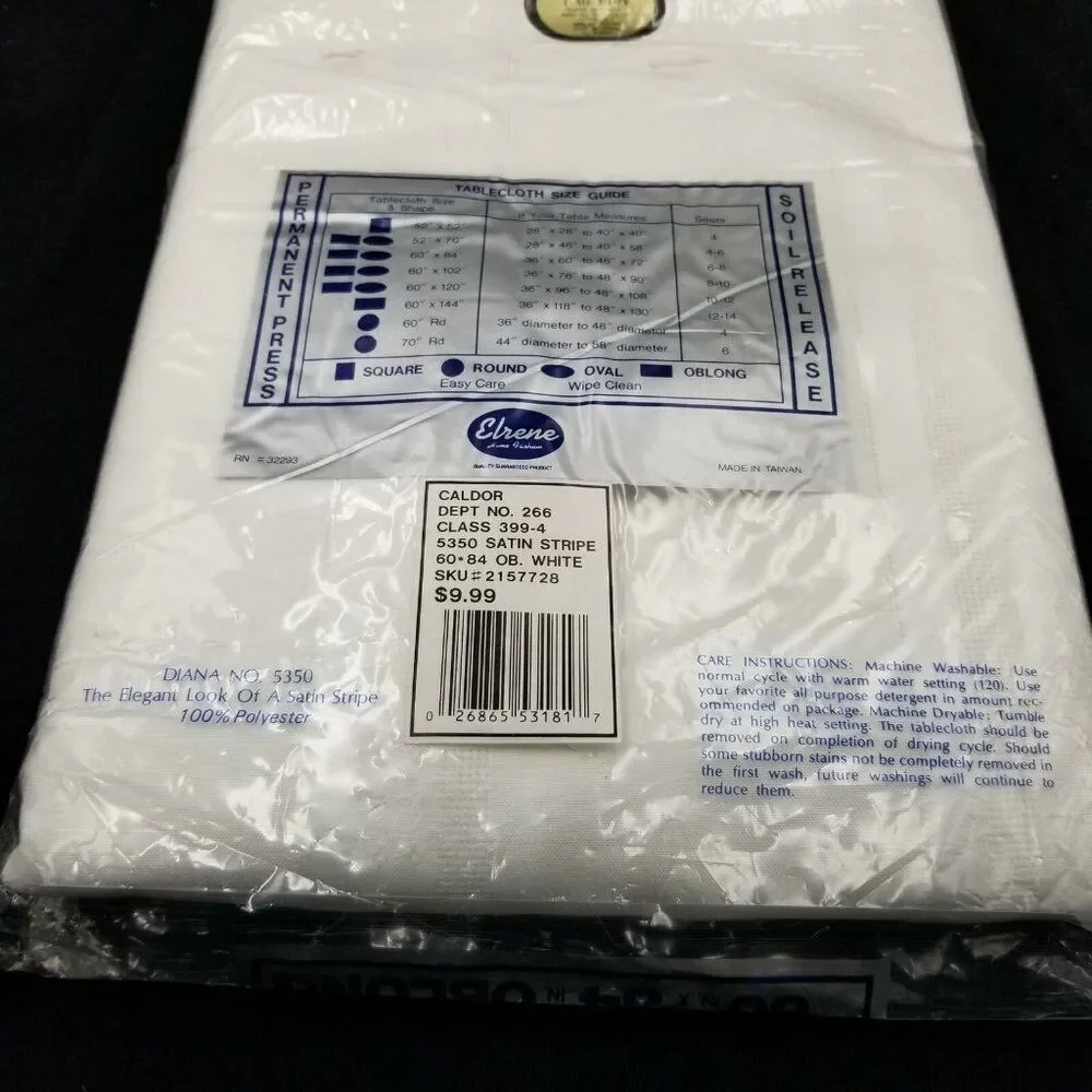 Vintage Elrene Satin Stripe Fabric White Tablecloth Oblong 60 x 84 New